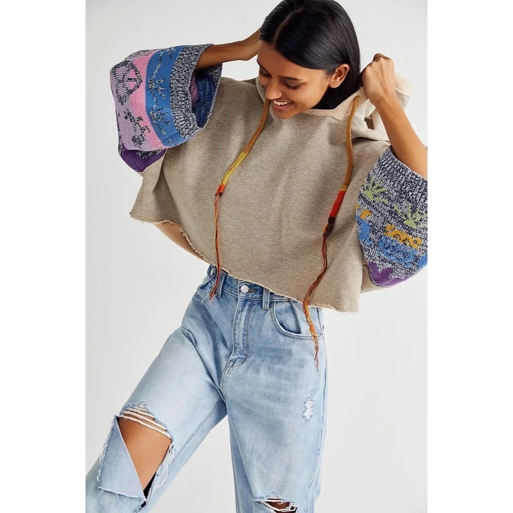 FREE PEOPLE Lazy Daze Swit Top Hooded Cropped Kaleidoscope Combo Boho ~ Small